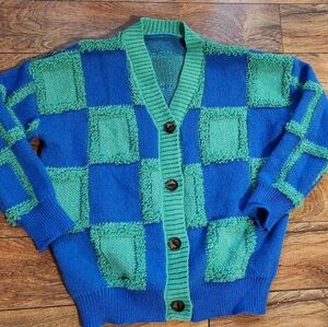Blue and Green Checkered Cardigan, Size L